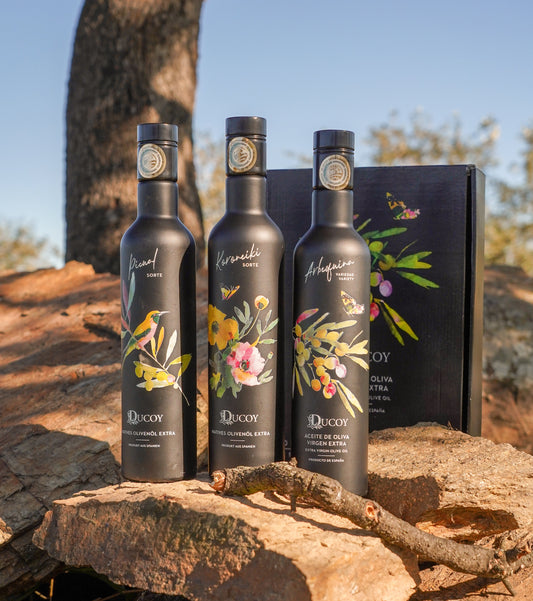 Estuche tres variedades AOVE Ecológico Arbequina, Picual y Koroneiki 500ml