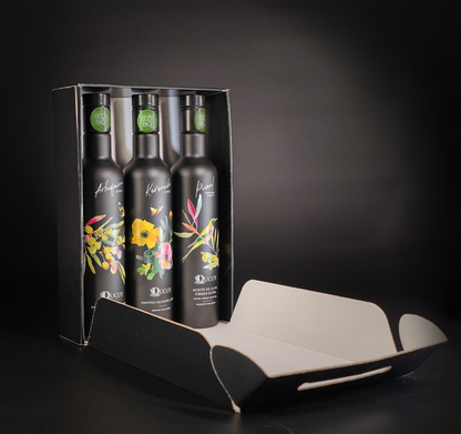 Estuche tres variedades Aceite de Oliva Virgen Extra Ecológico Arbequina, Picual y Koroneiki 500ml