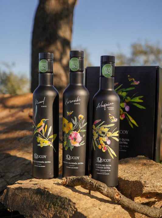 Estuche tres variedades AOVE Ecológico Arbequina, Picual y Koroneiki 500ml